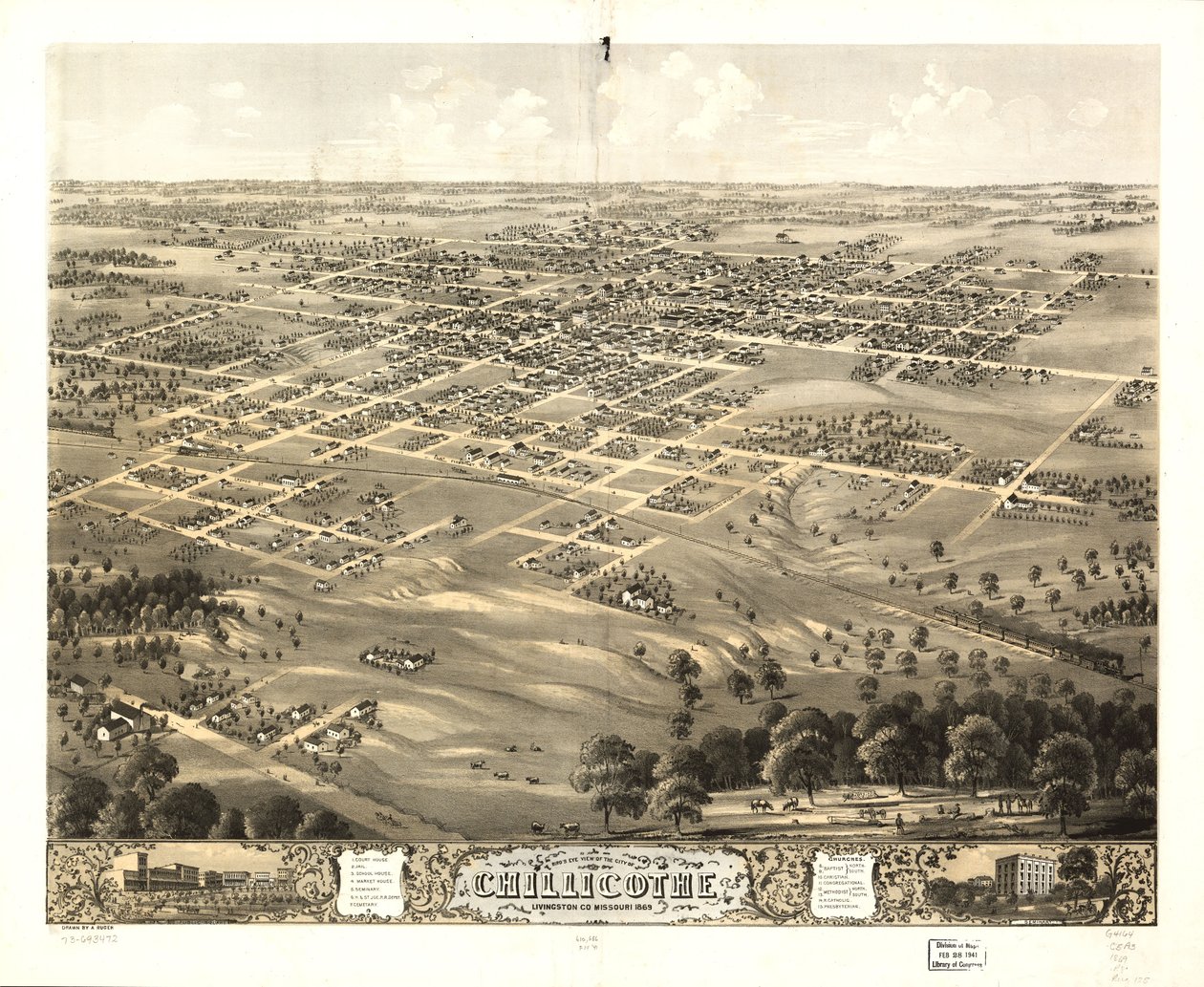 密苏里州利文斯顿县奇利科特市鸟瞰图，1869 年。LOC 73693472 作者 A.鲁格
