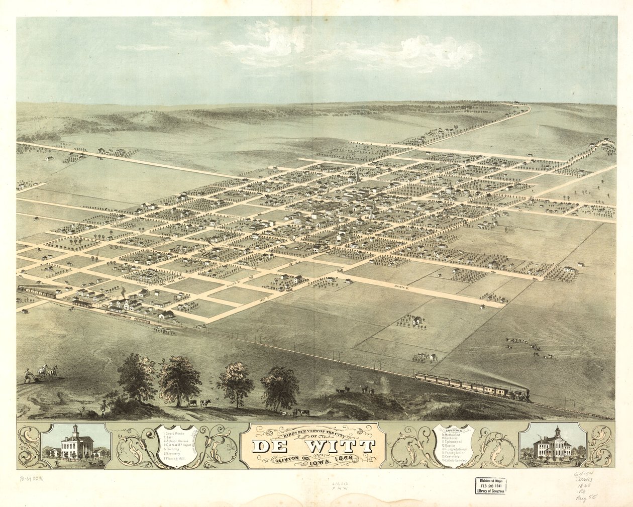 爱荷华州克林顿县德威特市鸟瞰图，1868 年。LOC 73693396 作者 A.鲁格