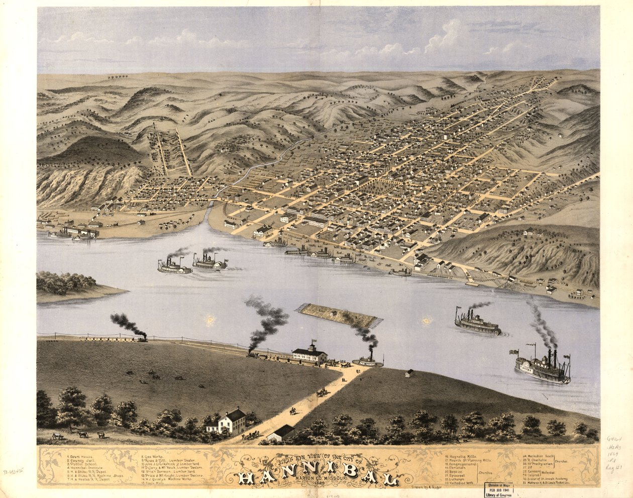 密苏里州马里恩县汉尼拔市鸟瞰图，1869 年。LOC 73693475 作者 A.鲁格
