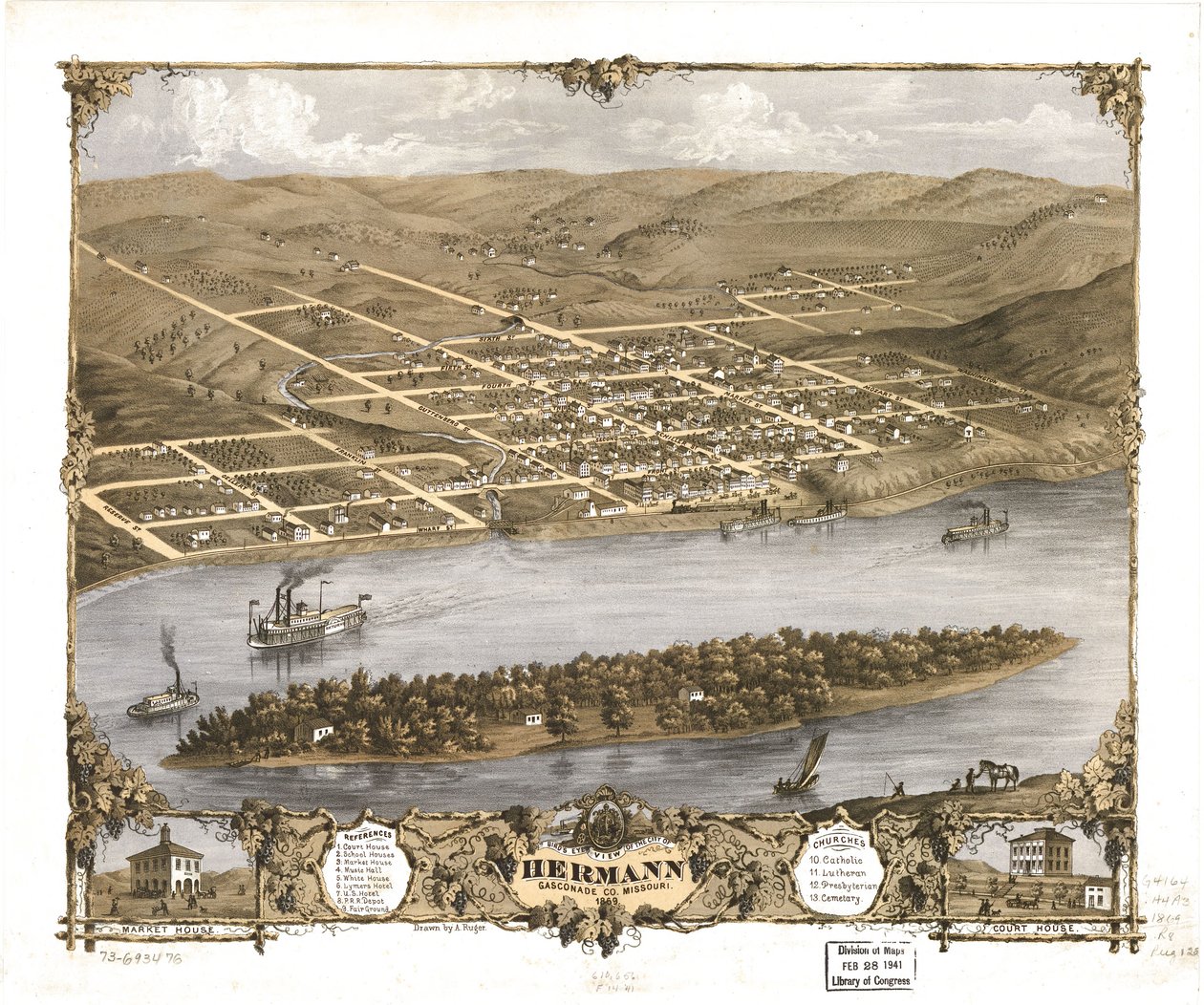 密苏里州加斯科纳德公司赫尔曼市鸟瞰图，1869 年。LOC 73693476 作者 A.鲁格