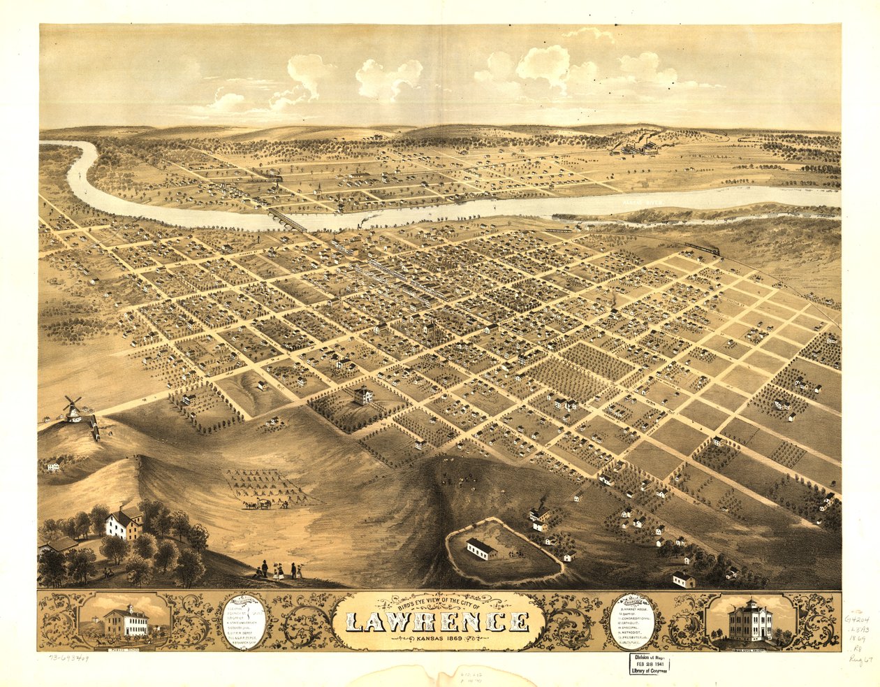 堪萨斯州劳伦斯市鸟瞰图，1869 年。LOC 73693409 作者 A.鲁格