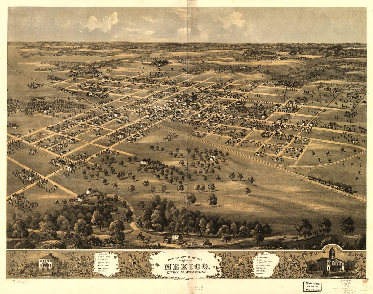 墨西哥城鸟瞰图，密苏里州奥德里安公司，1869 年。LOC 73693484 作者 A.鲁格