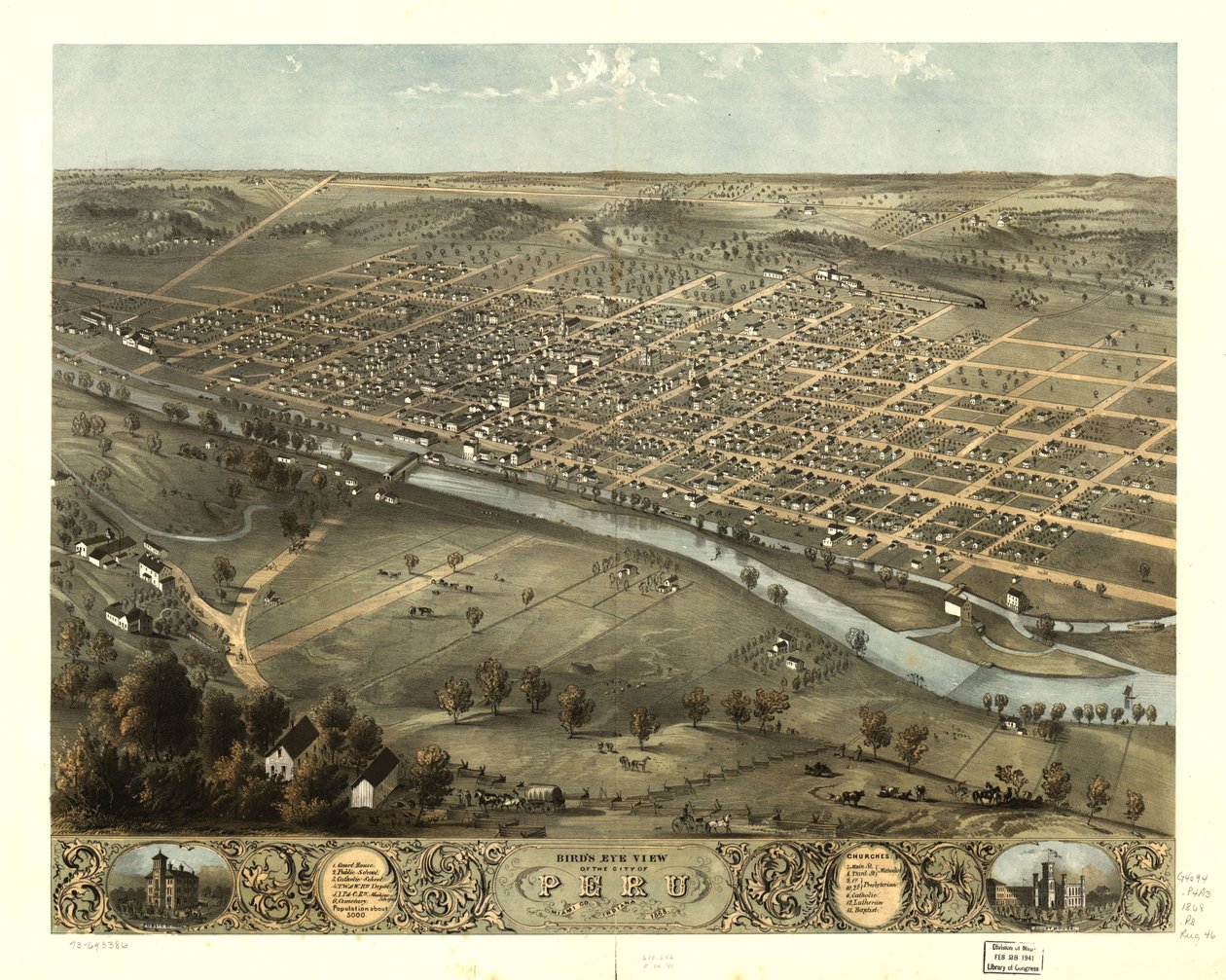 印第安纳州迈阿密市秘鲁市鸟瞰图，1868 年。LOC 73693386 作者 A.鲁格