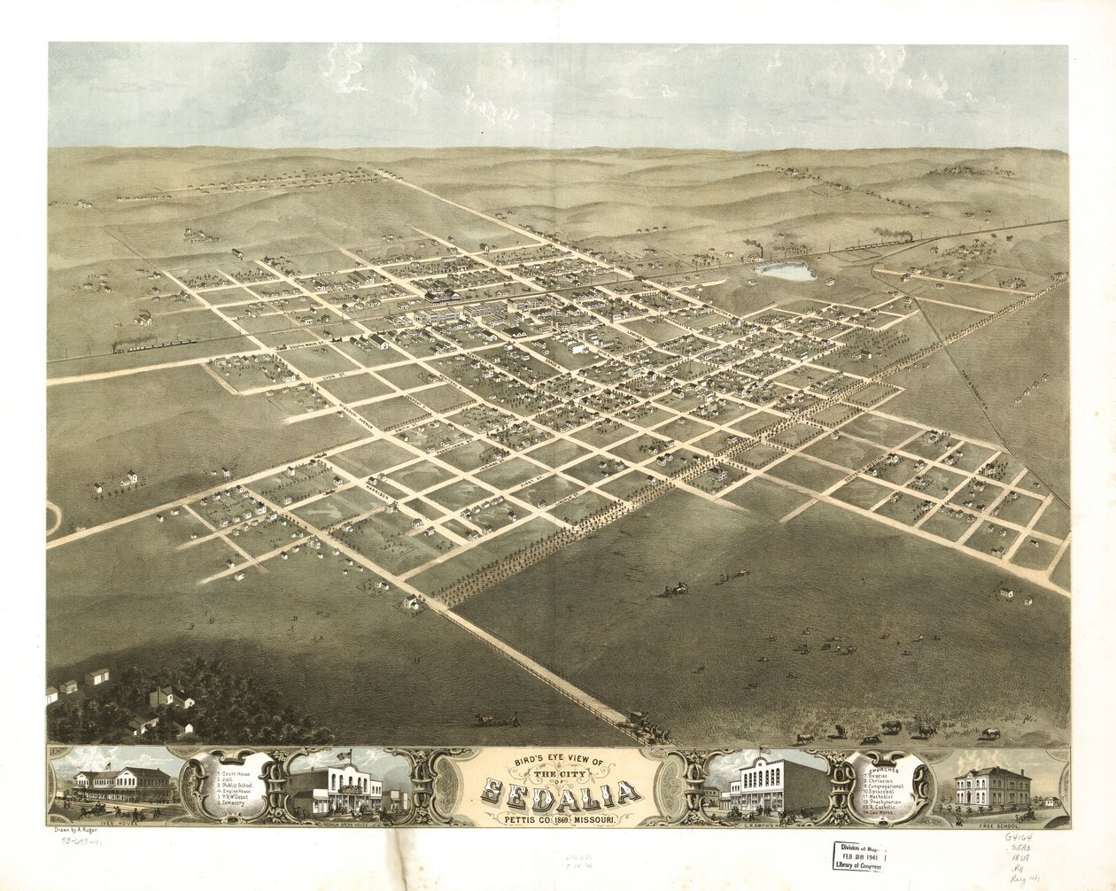 1869 年密苏里州佩提斯公司塞达利亚市鸟瞰图。LOC 73693491 作者 A.鲁格