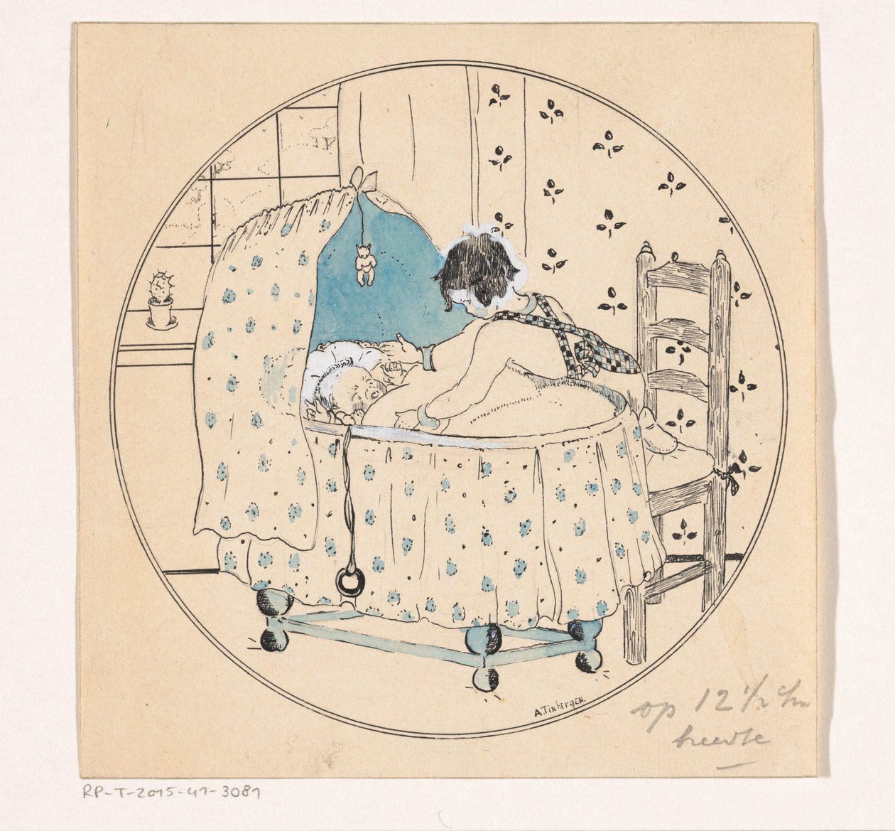 女孩想把婴儿从摇篮里抱出来 作者 A. Tinbergen（艺术家签名）