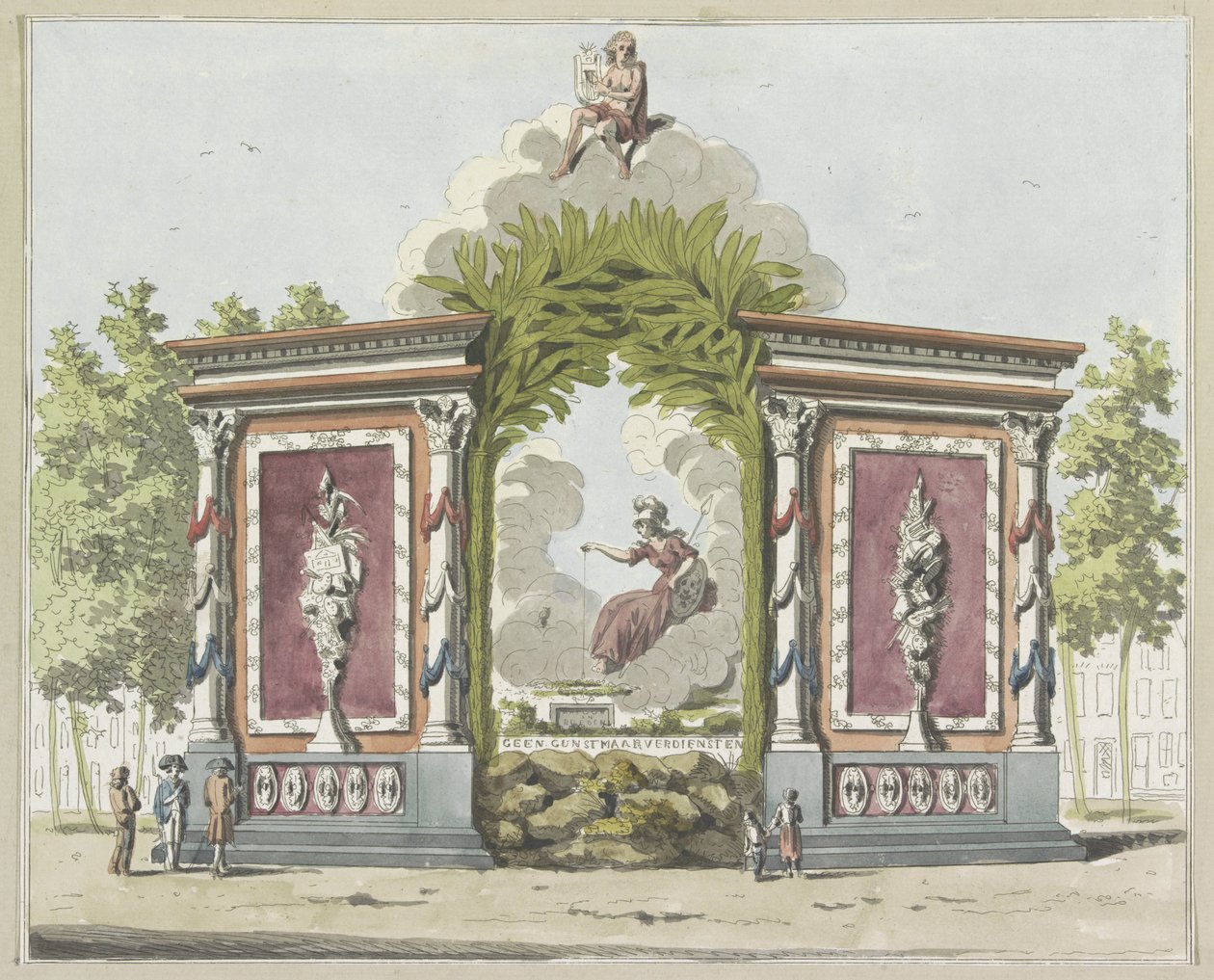 艺术与科学，Noordermarkt 装饰，1795 年 1795年阿姆斯特丹联盟节装饰品十盘（系列标题） 作者 A.沃克