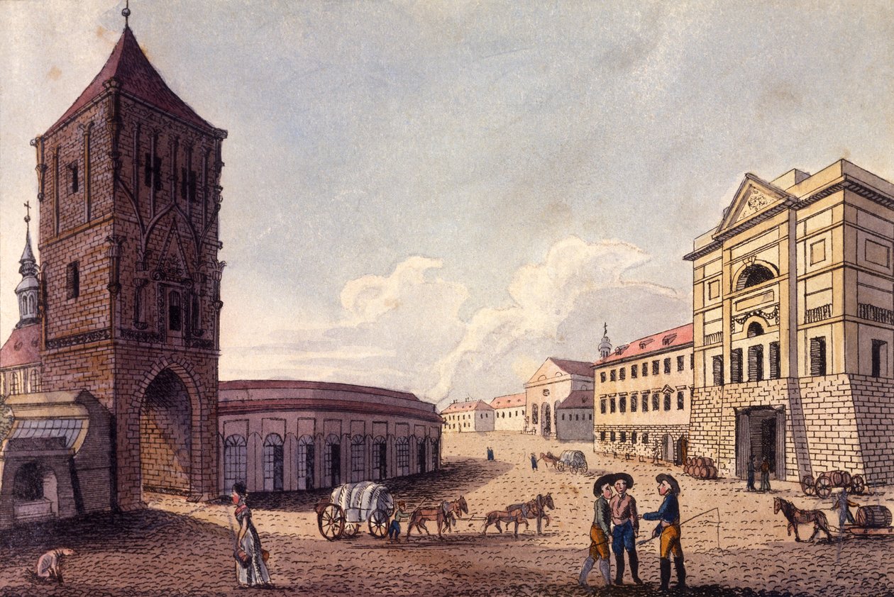 粉塔和Hybern Customs House，布拉格，1810号（彩色蚀刻） 作者 约翰·古斯塔夫（A. and Berka）和约翰·古斯塔夫（Johann Gustav）