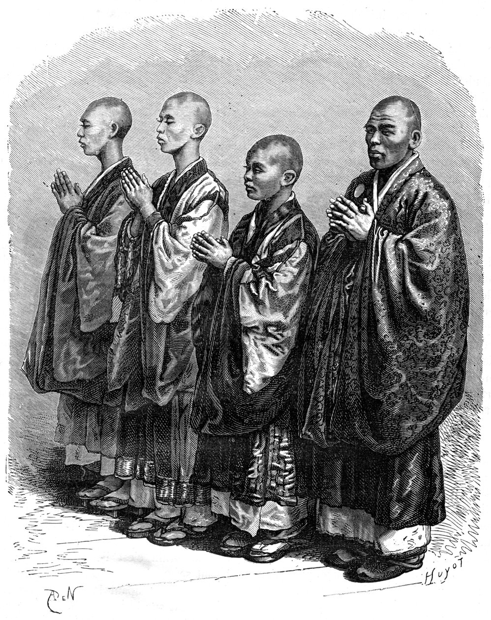 佛教徒在祈祷中，日本，十九世纪。 作者 德·诺伊维尔