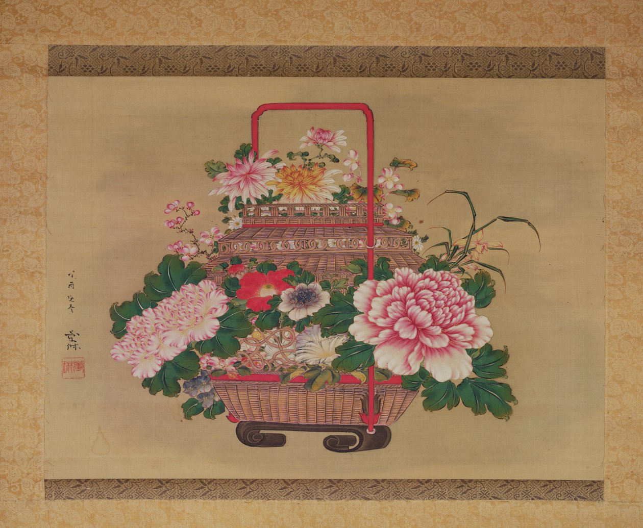 花篮，1837年（丝绸上的墨水和颜色） 作者 安倍晋三