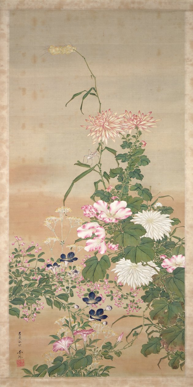 1826年秋天的花朵（墨水上的墨水，颜色和金色） 作者 安倍晋三