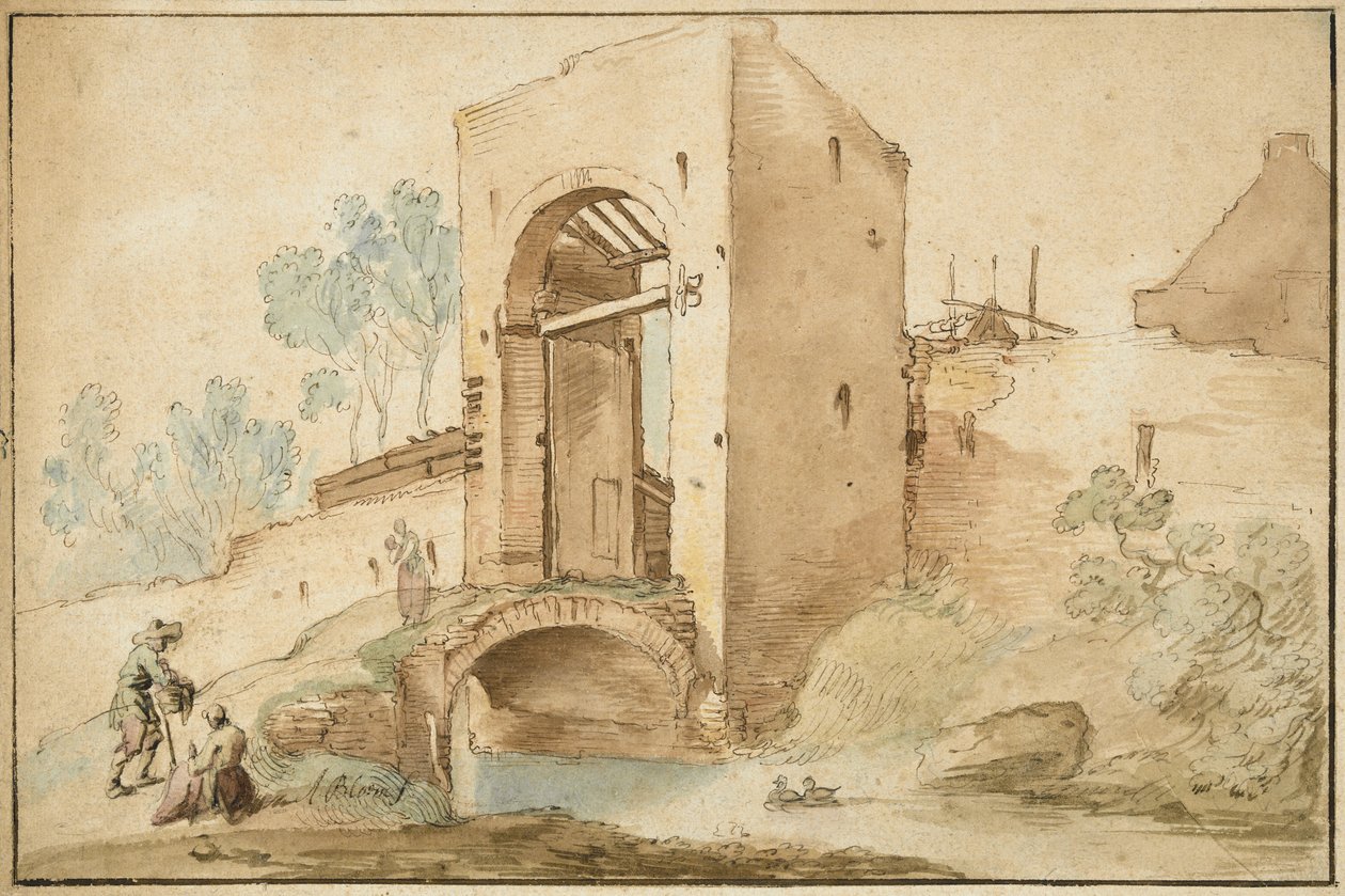 通往城镇的门户，c。 1630年（笔和棕色墨水在纸上用wc加强） 作者 亚伯拉罕·布洛玛特（Abraham Bloemaert）