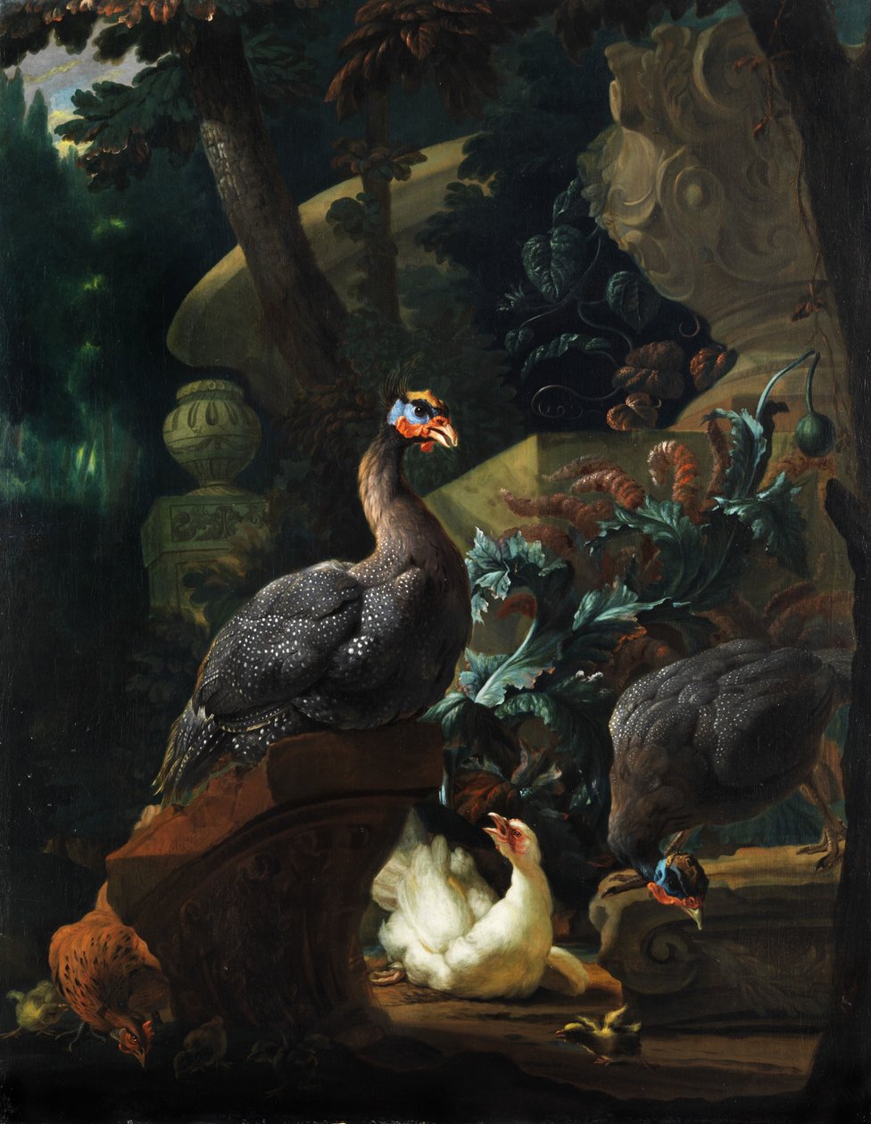 公园景观与珍珠鸡，鸡和小鸡 作者 亚伯拉罕·布斯科普（Abraham Busschop）