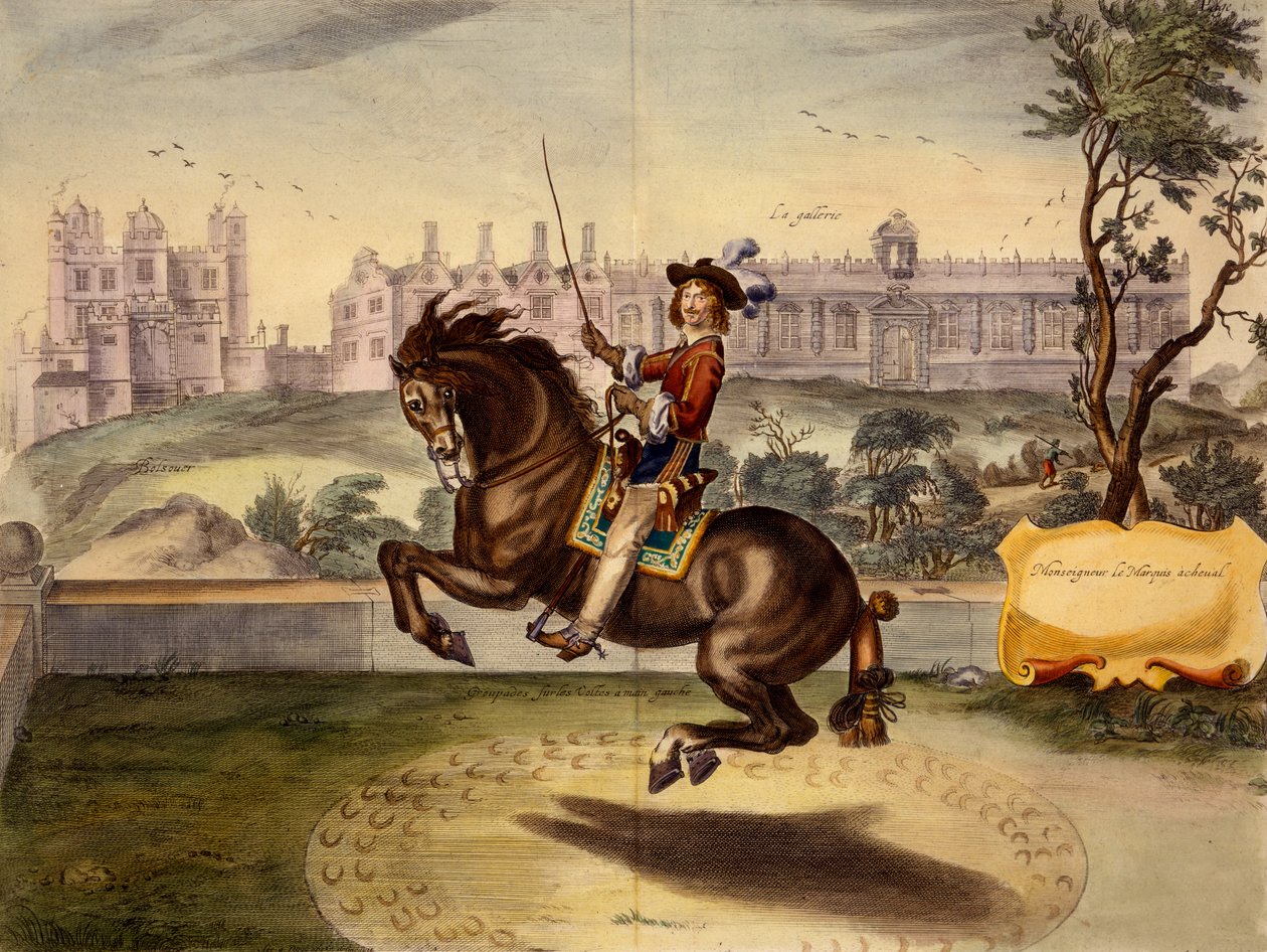 Cavendish执行volte，背景是Bolsover城堡及其Manege街区，来自William Cavendish的The Method and New Invention of Dressing Horses，1737年出版（第二版）（aquatint） 作者 亚伯拉罕·范·迪彭贝克