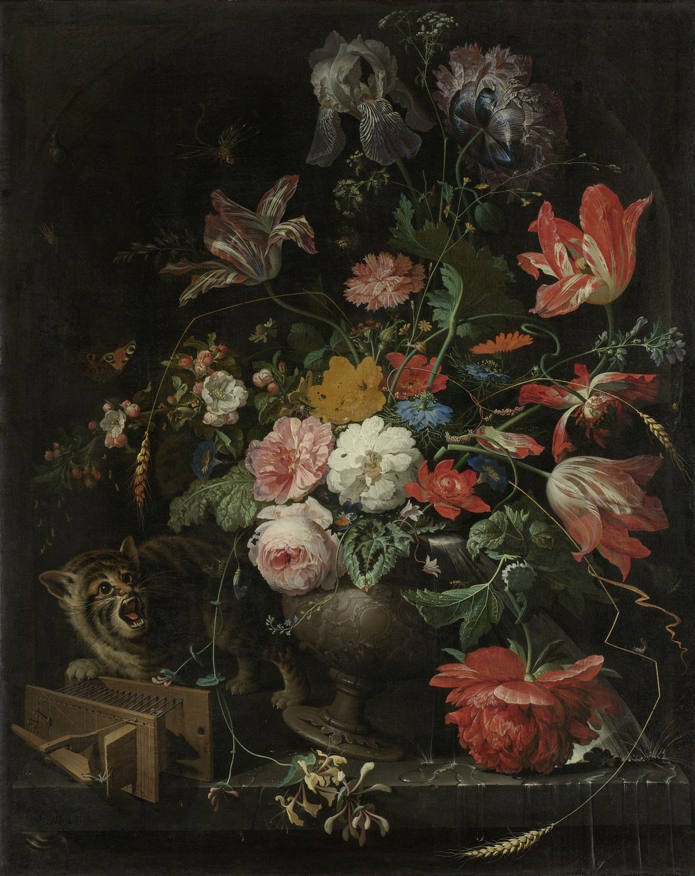 与猫和老鼠陷井的花静物画 作者 亚伯拉罕·米尼翁（Abraham Mignon）
