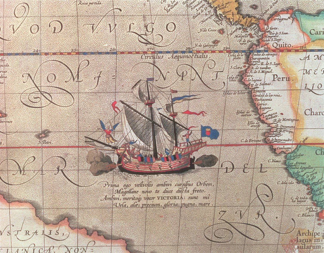 一艘帆船发射其大炮，详细信息来自太平洋，中国和美国的地图，1599年（另见18634） 作者 亚伯拉罕·奥特里乌斯（Abraham Ortelius）