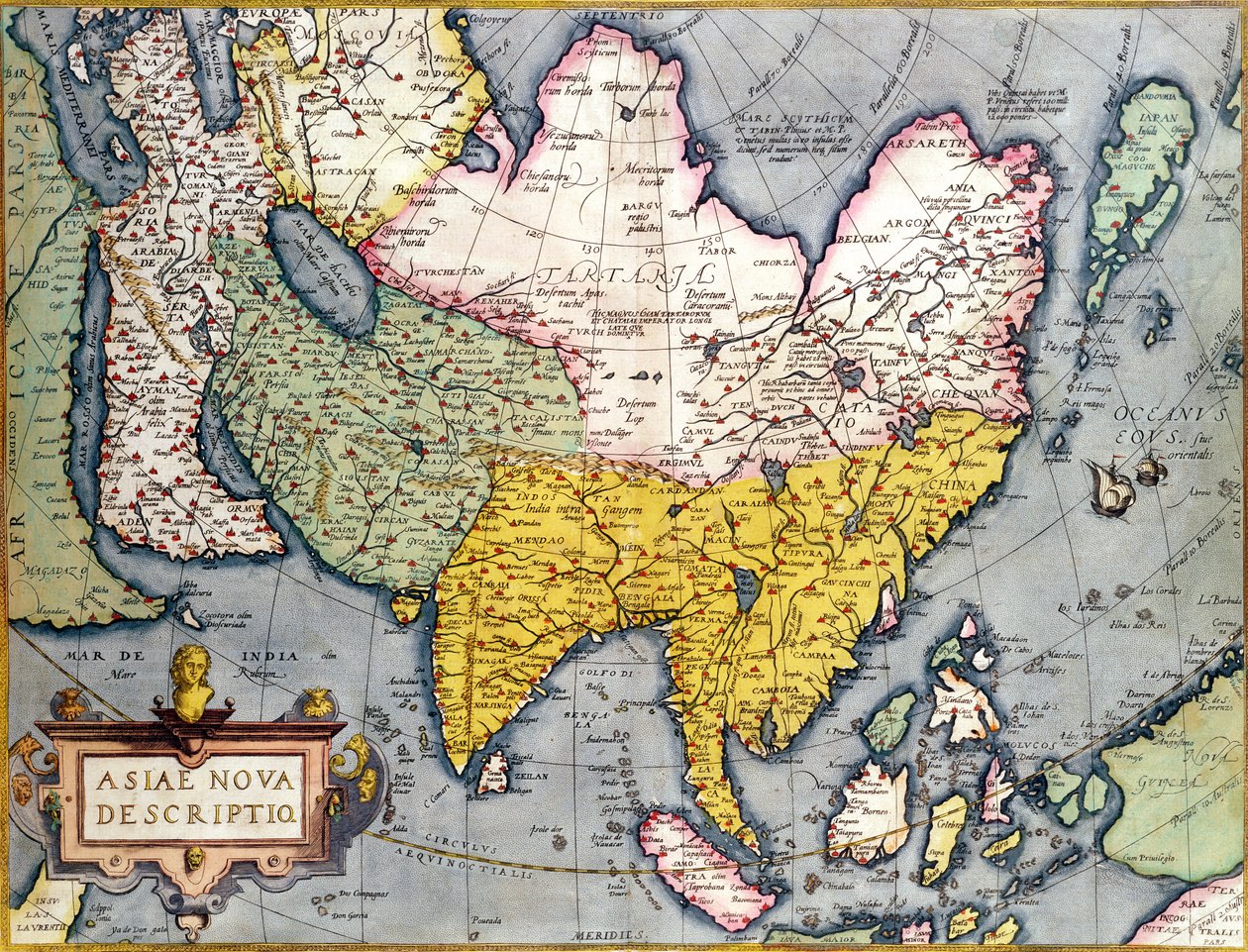 亚洲：包括日本和东印度群岛在内的大陆地图，其中包括新几内亚的一部分，第1580页 作者 亚伯拉罕·奥特里乌斯（Abraham Ortelius）