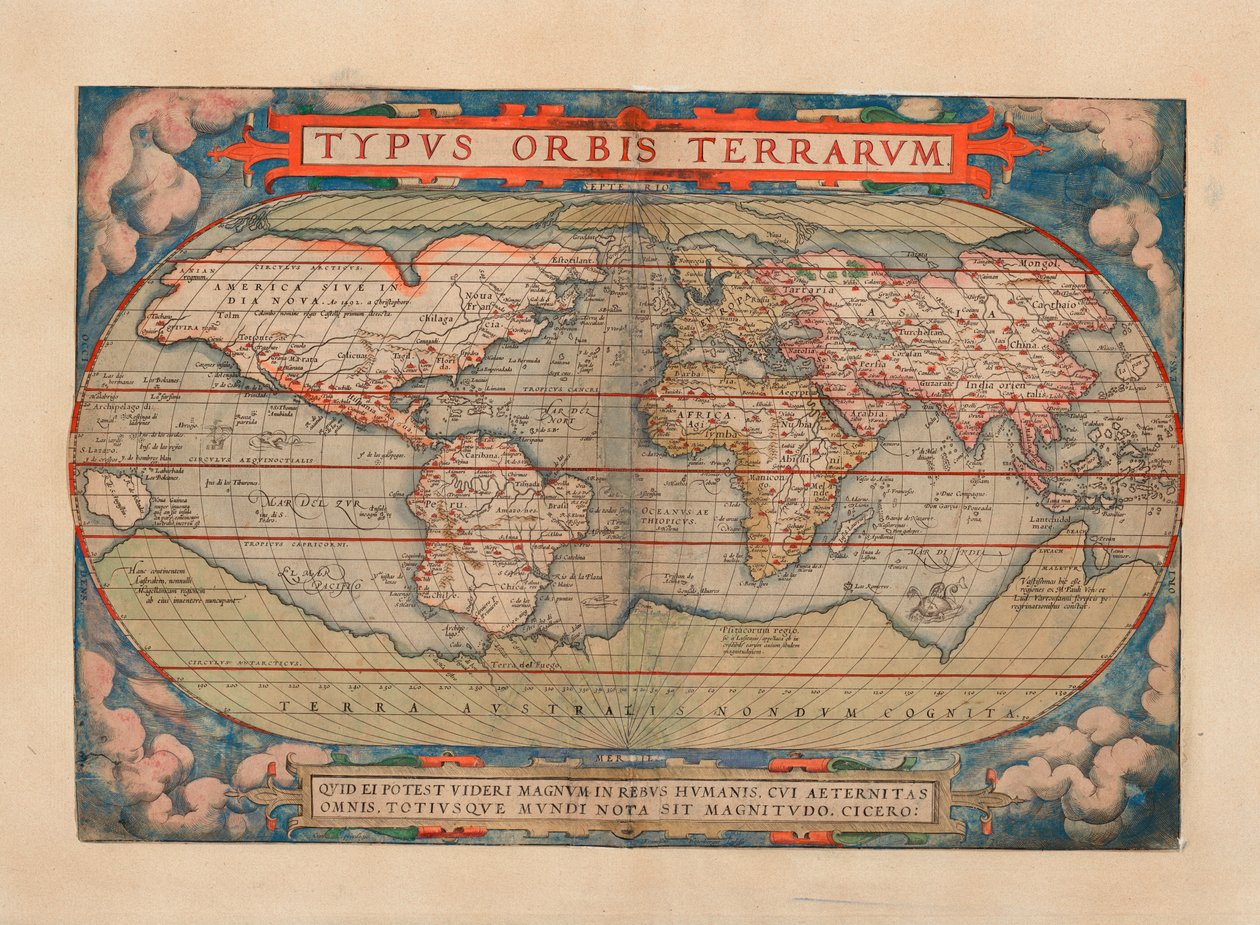 该地图发表于（1579年）并显示世界地图 作者 亚伯拉罕·奥特里乌斯（Abraham Ortelius）