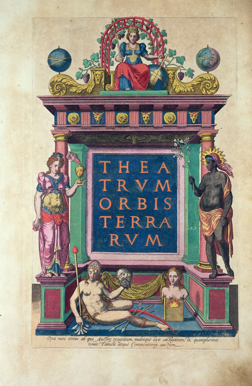 由Christophorus Plantin于1584年在安特卫普出版的&39;Theatrum Orbis Terrarum&39;第3版的标题页 作者 亚伯拉罕·奥特里乌斯（Abraham Ortelius）