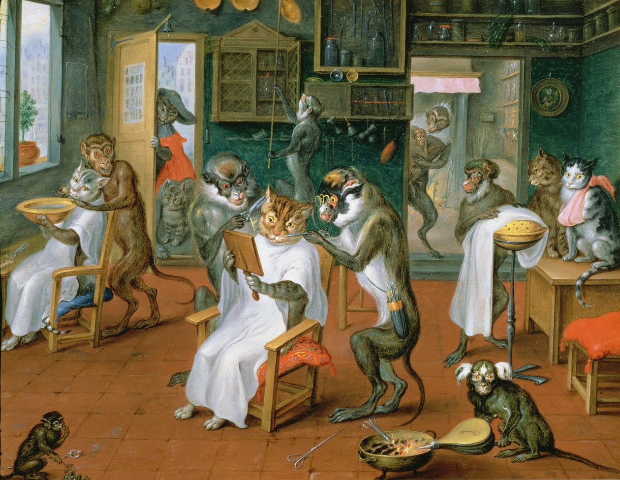 巴伯与猴子和猫的商店（铜上油） 作者 亚伯拉罕·特尼尔（Abraham Teniers）