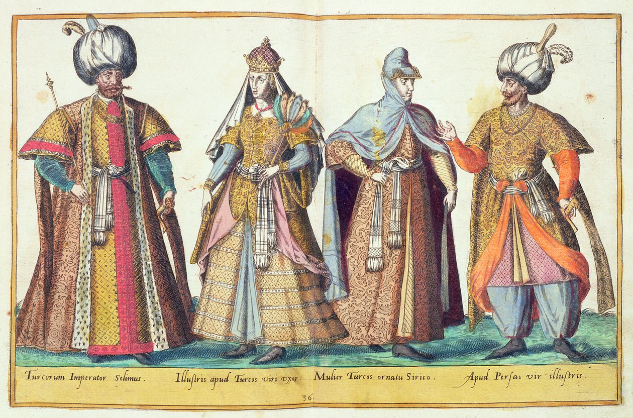 十六世纪的服装来自&39;Omnium Poene Gentium Imagines&39;，于1577年在科隆出版（手工彩色雕刻） 作者 亚伯拉罕·德·布鲁因