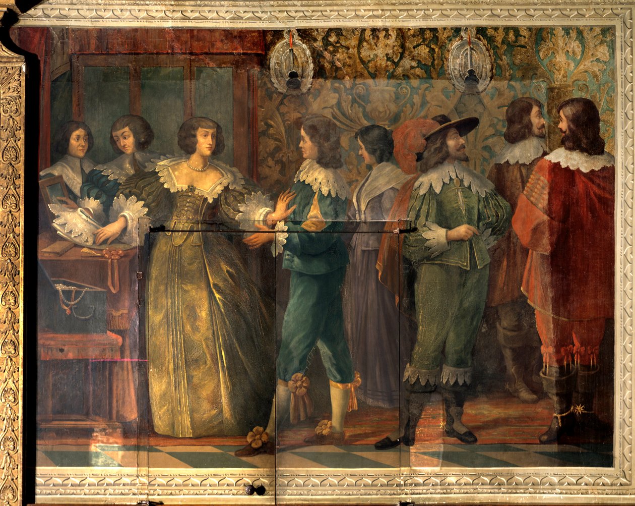 昂古莱姆公爵查尔斯·德·瓦卢瓦（Charles de Valois，1573-1650 年）的生活场景 - 查尔斯·德·瓦卢瓦 (Charles de Valois) 于 1644 年与他的第二任妻子结婚时的派对场景 - 一名朝臣走近一名女子，想把她放 衣领 - Abrah 的壁画 作者 亚伯拉罕（继）博塞
