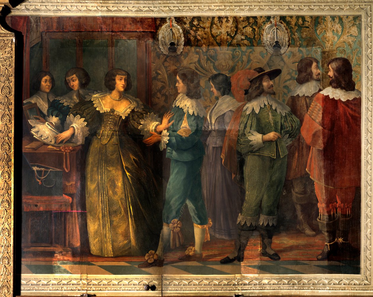 昂古莱姆公爵查尔斯·德·瓦卢瓦（Charles de Valois，1573-1650 年）的生活场景 - 查尔斯·德·瓦卢瓦 (Charles de Valois) 于 1644 年与他的第二任妻子结婚时的派对场景 - 一名朝臣走近一名女子，想把她放 衣领 - Abrah 的壁画 作者 亚伯拉罕（继）博塞