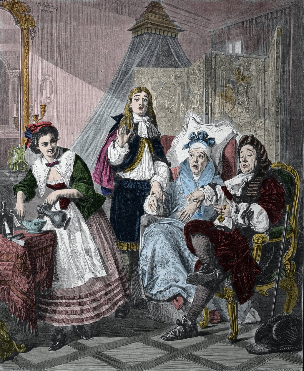 让-巴蒂斯特·波克兰 (Jean-Baptiste Poquelin) 称莫里哀 (1622-1673) 的“Le Malade imaginaire”：场景 9，第二幕。 亚伯拉罕·所罗门 (1824-1862) 于 1861 年的绘画后雕刻。 作者 亚伯拉罕（后）所罗门