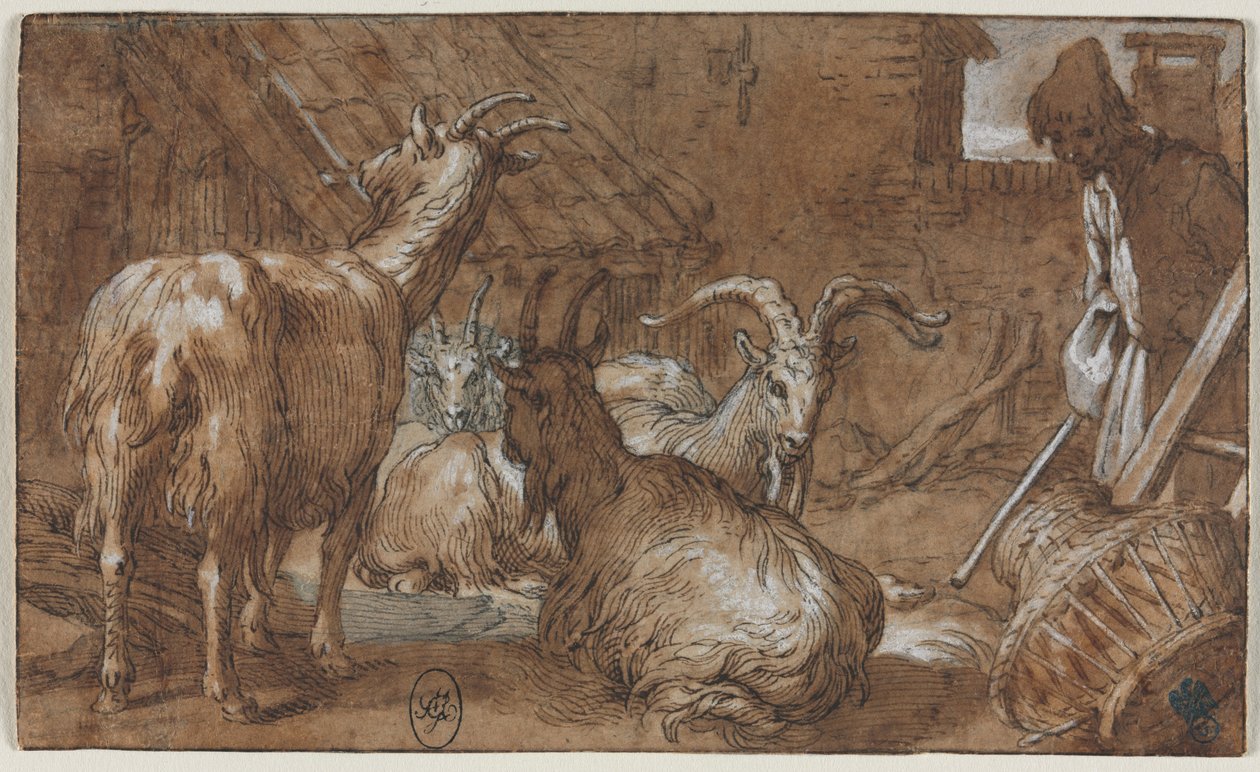 带有山羊和牧羊犬的n仓c。 1610-1615。 作者 亚伯拉罕·布洛玛特（Abraham Bloemaert）