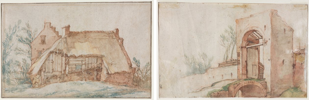 农民的小屋（正面）；桥和门（背面） 作者 亚伯拉罕·布洛玛特（Abraham Bloemaert）