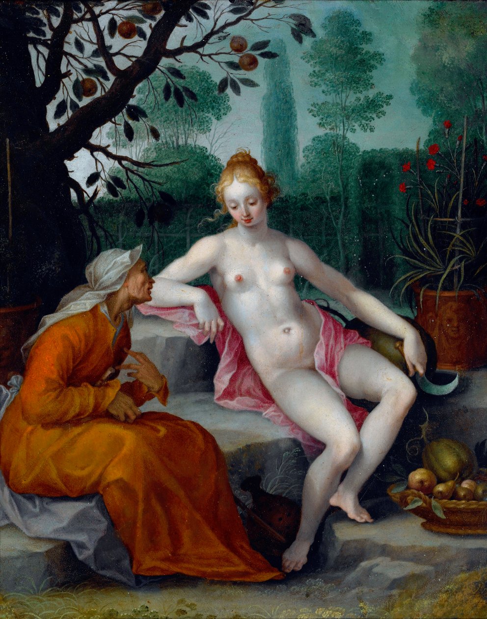 Vertumne et Pomone (le dieu des saisons se disuise en vieille femme pour gagner l