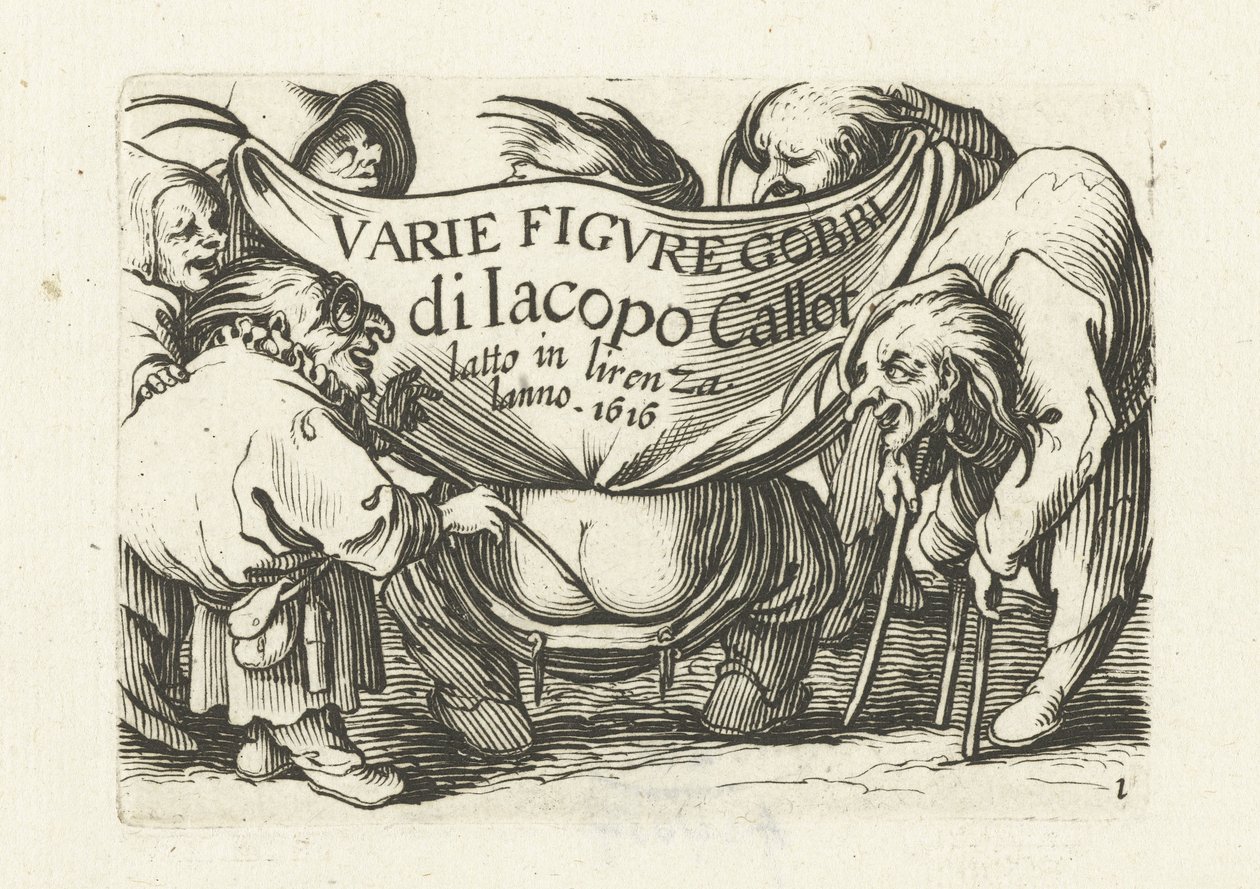 各种小矮人"/"Varie figure gobbi di Jacopo Callot "印刷系列扉页
雅各布-卡洛特的各种侏儒（作品上的系列名称）
各种怪诞人物（系列标题）
小矮人和驼背人（系列名称） 作者 亚伯拉罕·博斯（Abraham Bosse）