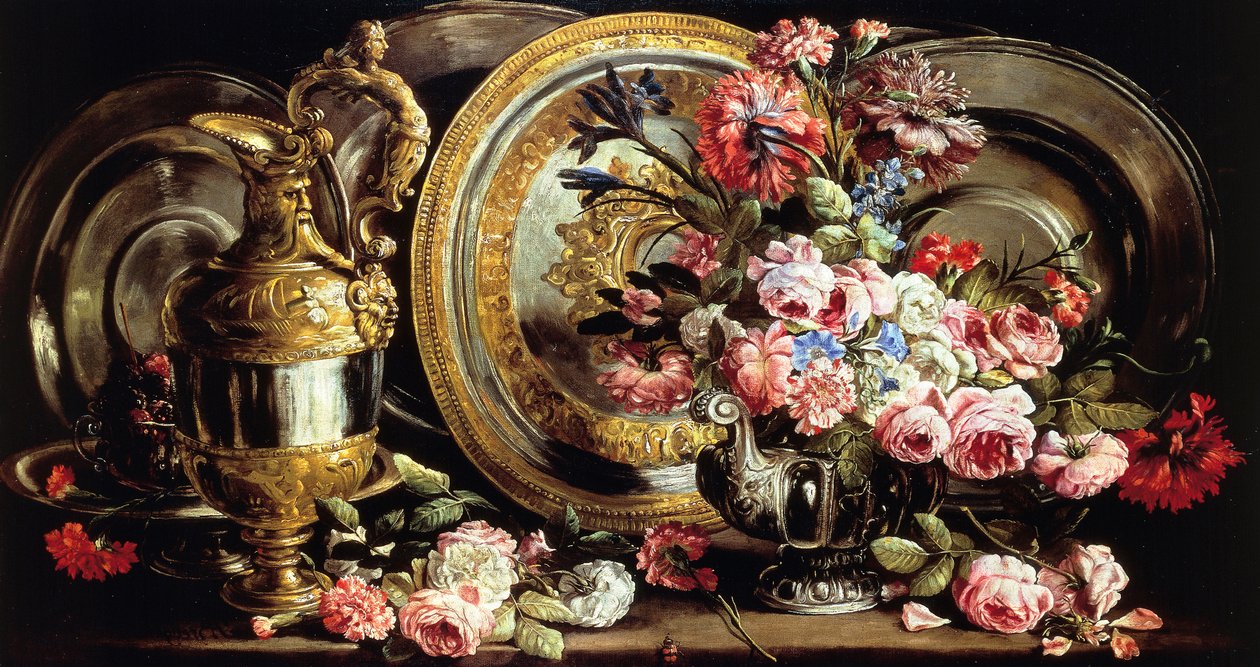 银器和花朵静物，亚伯拉罕·勃鲁盖尔（Abraham Brueghel，1631-1697）画，面板油画 作者 亚伯拉罕·布鲁格