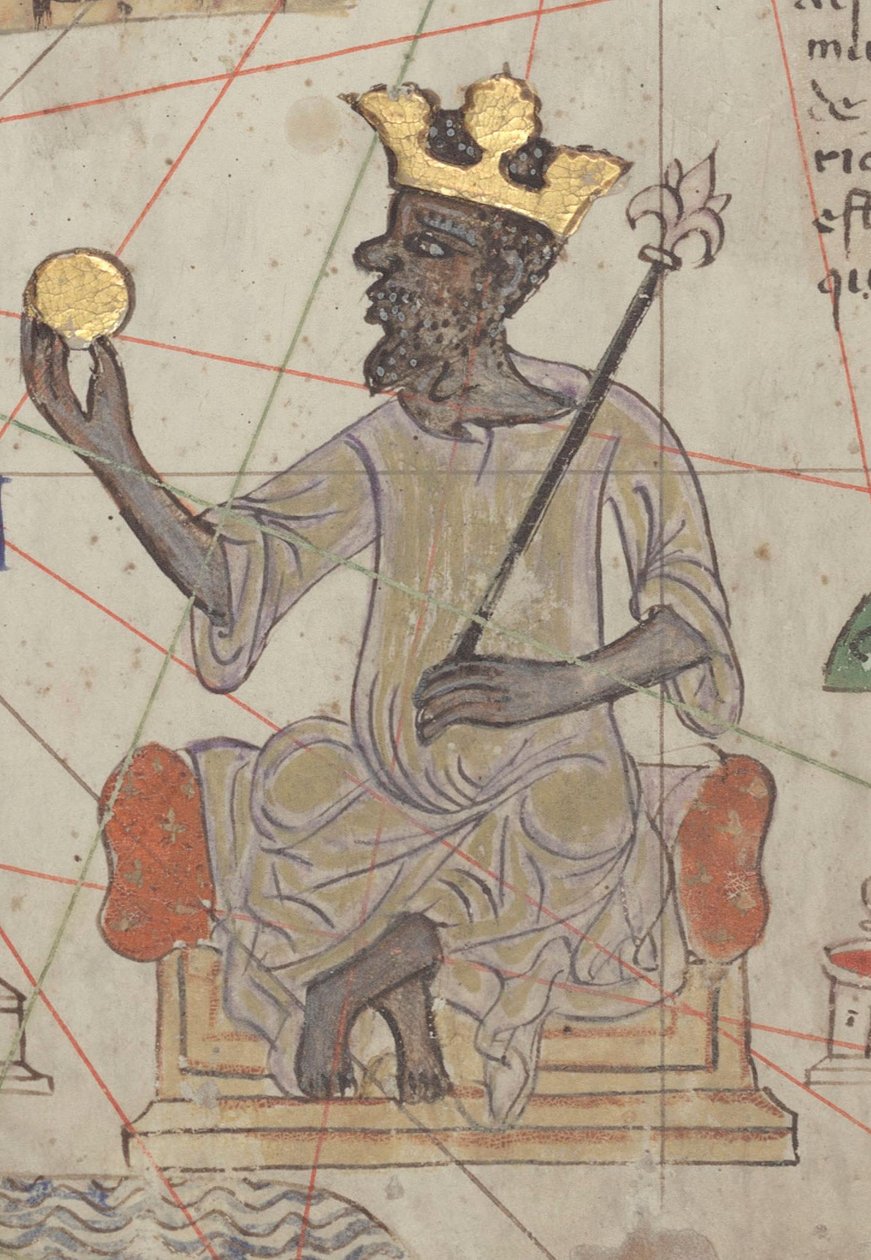加泰罗尼亚地图集的详细资料，第6页，显示曼萨·穆萨（Mansa Musa）登基，1375年 作者 亚伯拉罕·克雷斯克斯