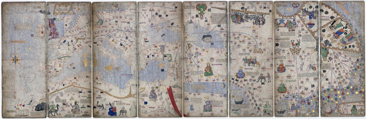 加泰罗尼亚语地图集的四张牛皮纸叶子，1375年 作者 亚伯拉罕·克雷斯克斯