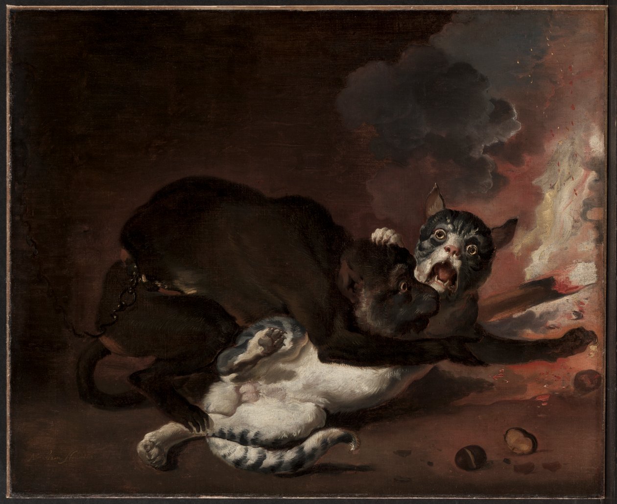 猴子和猫》，大概1670年代（布面油画 作者 亚伯拉罕·丹尼尔斯（Abraham Danielsz）。洪迪斯