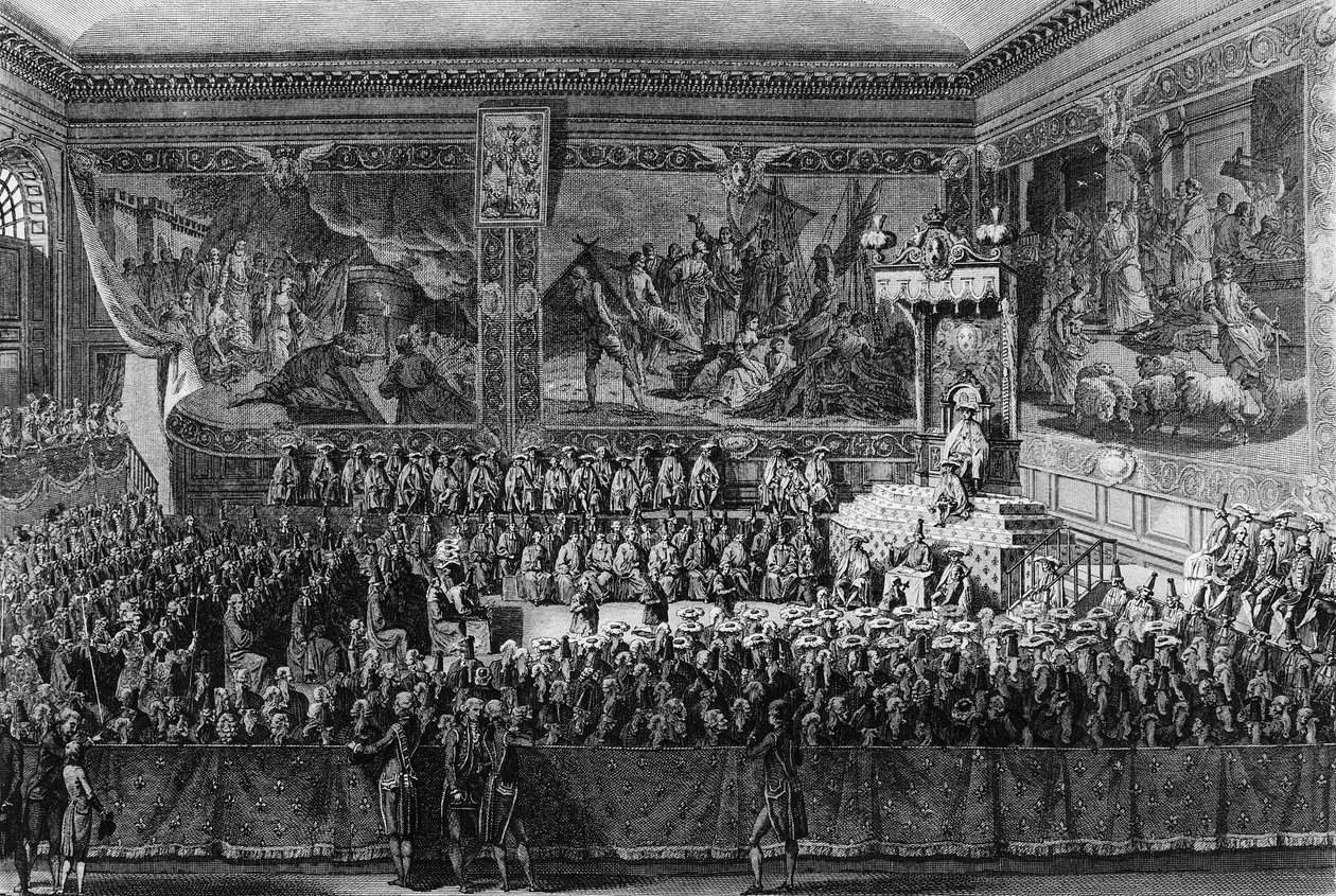 法国大革命的第一场：1787 年 8 月 6 日，法国国王路易十六（1754-1793）在凡尔赛举行的正义之床。 亚伯拉罕·吉拉德 (Abraham Girardet) 的绘画和雕刻。 巴黎，革命史研究所图书馆 作者 亚伯拉罕·吉拉尔代（Abraham Girardet）