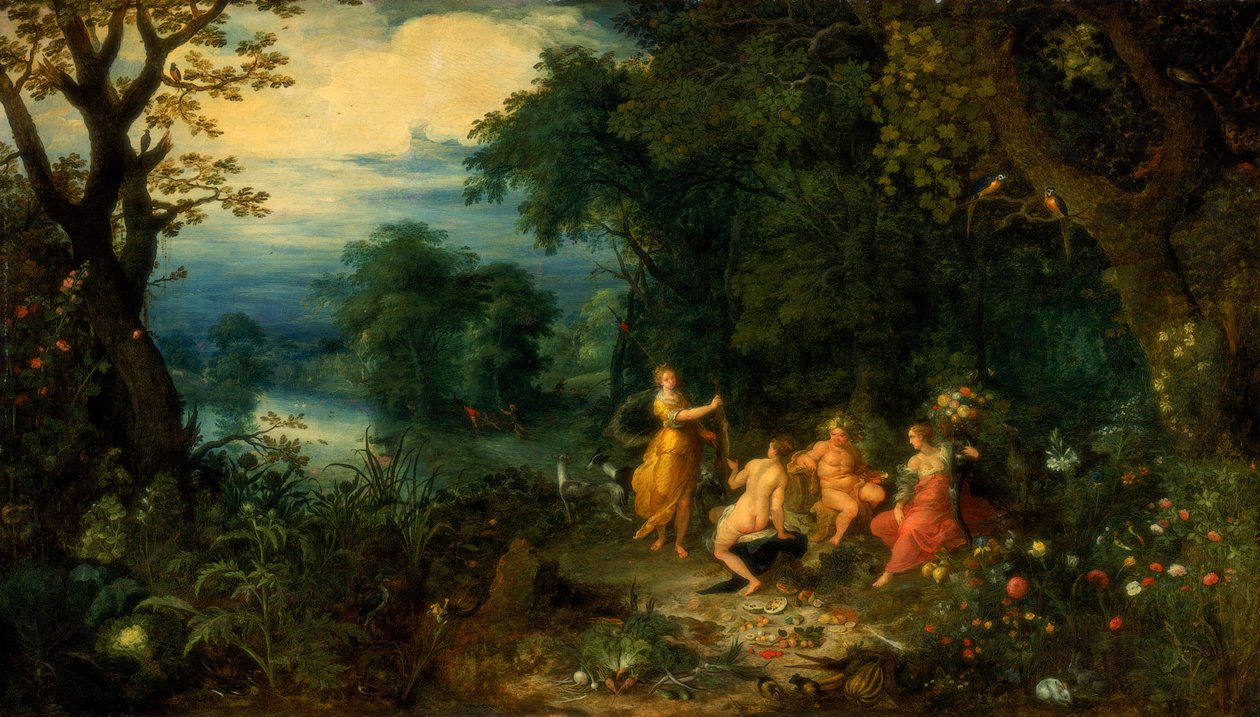 戴安娜（Diana）是一个树木繁茂的景观，为若虫，西勒努斯（Silenus）和谷神星（Ceres）提供了野兔，c1614 作者 亚伯拉罕·戈瓦特斯