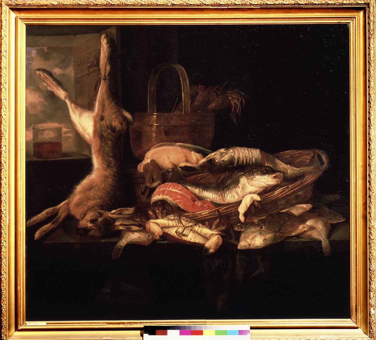 "Nature morte de poissons et de lievre mort"（《有鱼和一只死兔子的静物》） Peinture de Abraham Hendricksz van Beyeren (1620/21-1690) (ec. holl.) 17eme siecle Musee Pouchkine, Moscou 作者 亚伯拉罕·亨德里克斯·范·贝耶伦