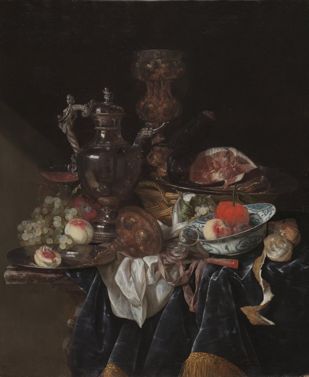 银酒壶，火腿和水果，约1660-1666年 作者 亚伯拉罕·亨德里克斯·范·贝耶伦