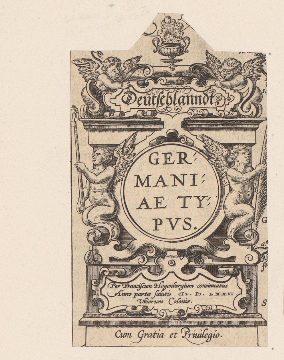 有四只菩提树的图案
德国地图上的图案
Deutschlanndt.Germaniae Typus（物品上的标题）
Theatrum Orbis Terrarum（系列名称） 作者 亚伯拉罕·霍根伯格