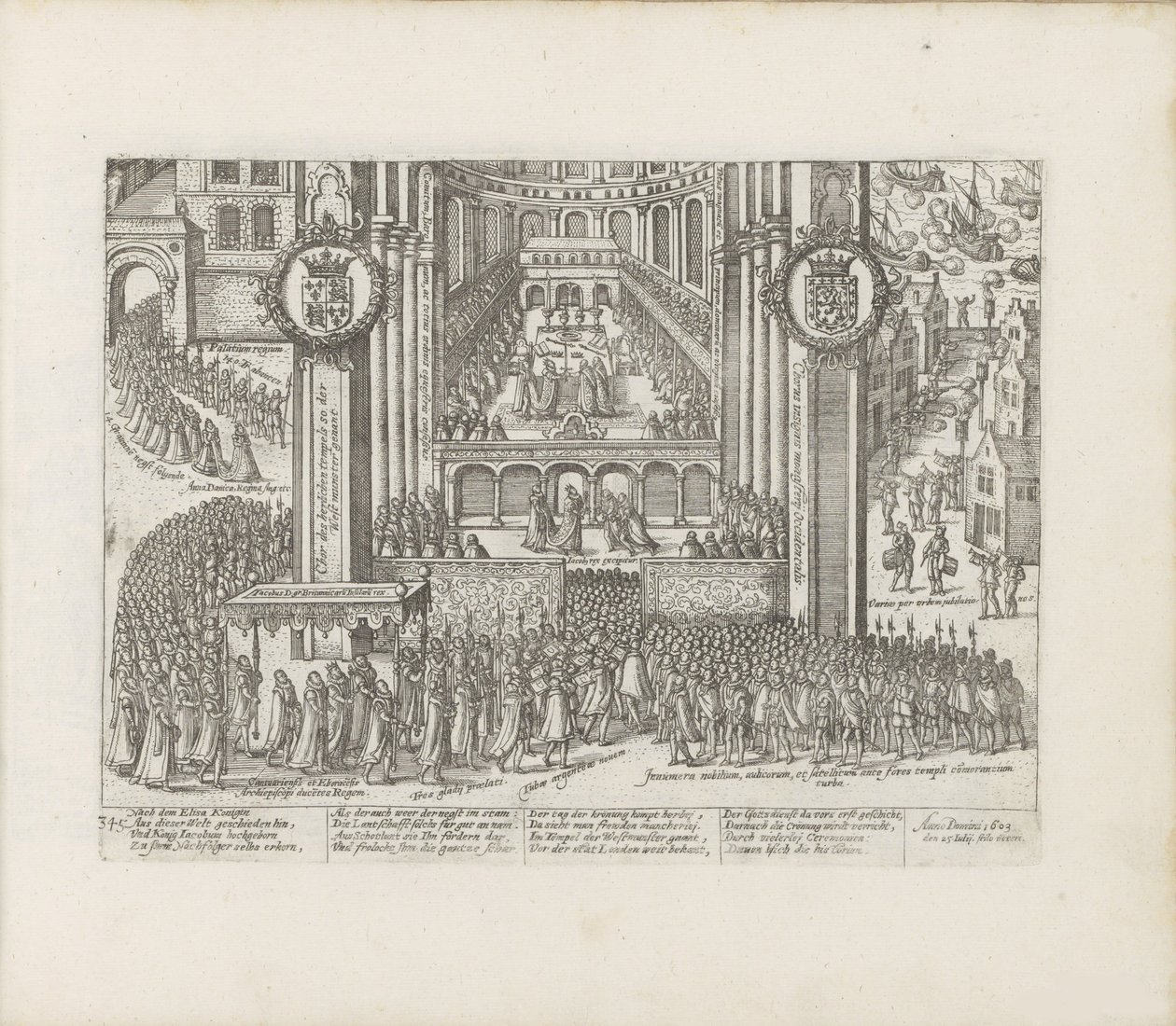 1603-1604年詹姆斯一世加冕时威斯敏斯特教堂的外景。 作者 亚伯拉罕·霍根伯格