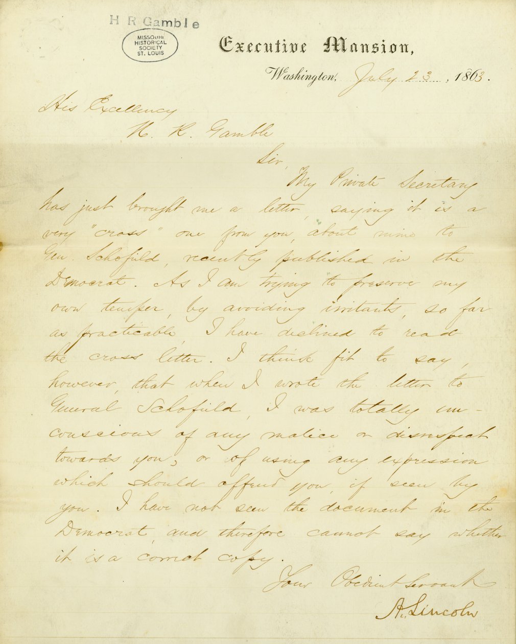 1863年7月23日在华盛顿行政大楼给H.R.甘布尔阁下的信，署名A.林肯 作者 亚伯拉罕·林肯