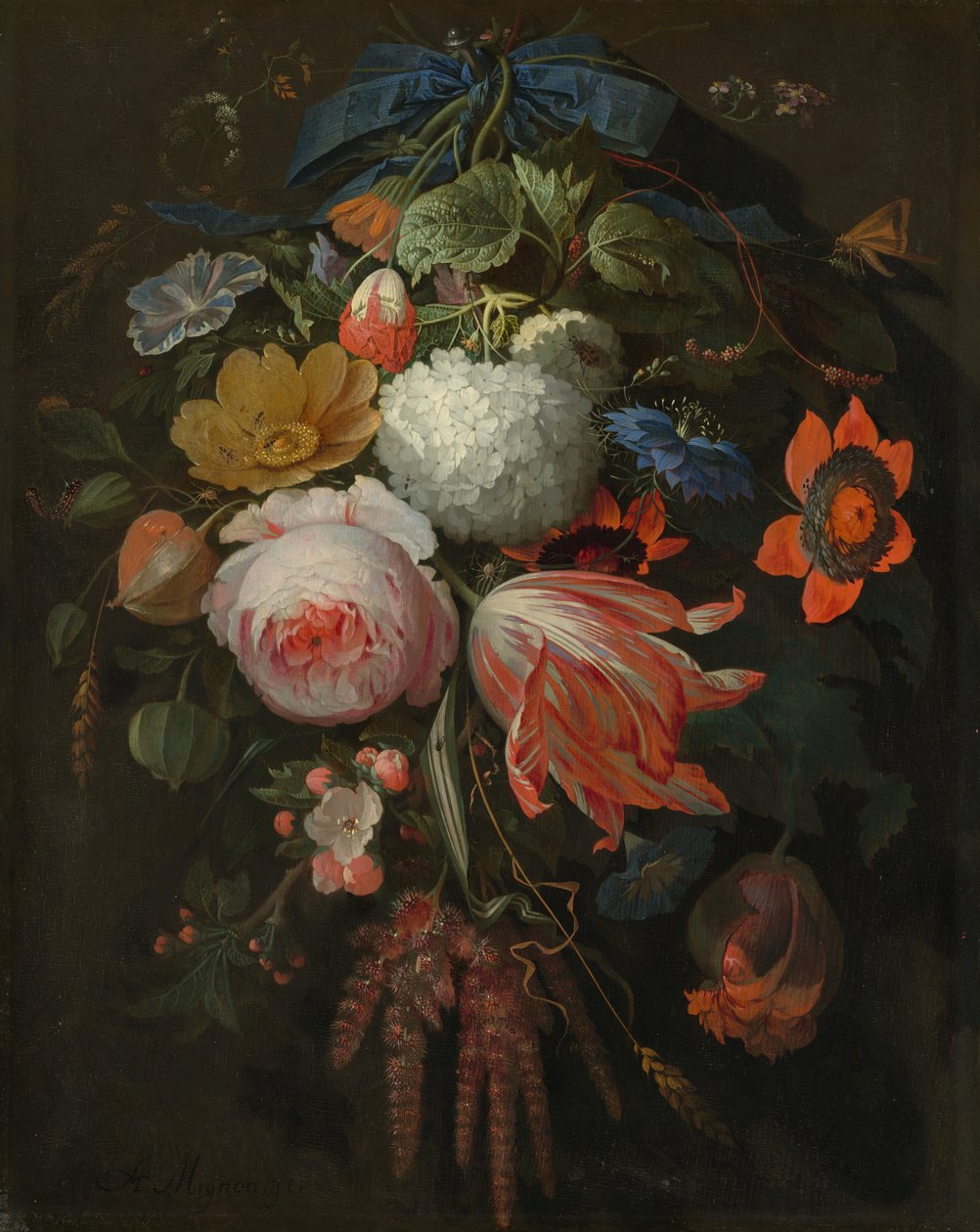 悬挂的花束，可能是16651670年。 作者 亚伯拉罕·米尼翁（Abraham Mignon）