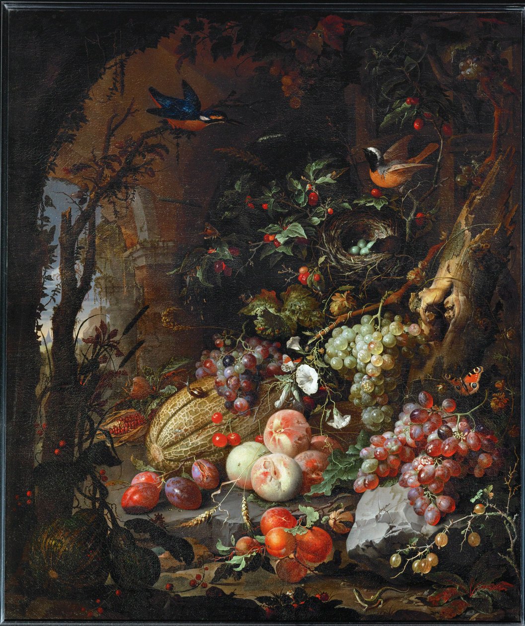 废墟景观中的花朵、果实、鸟类和昆虫...... 作者 亚伯拉罕·米尼翁（Abraham Mignon）