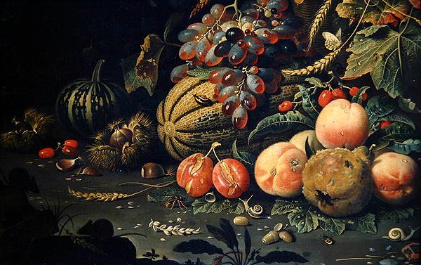 水果（布面油画）（278970的细节）。 作者 亚伯拉罕·米尼翁（Abraham Mignon）