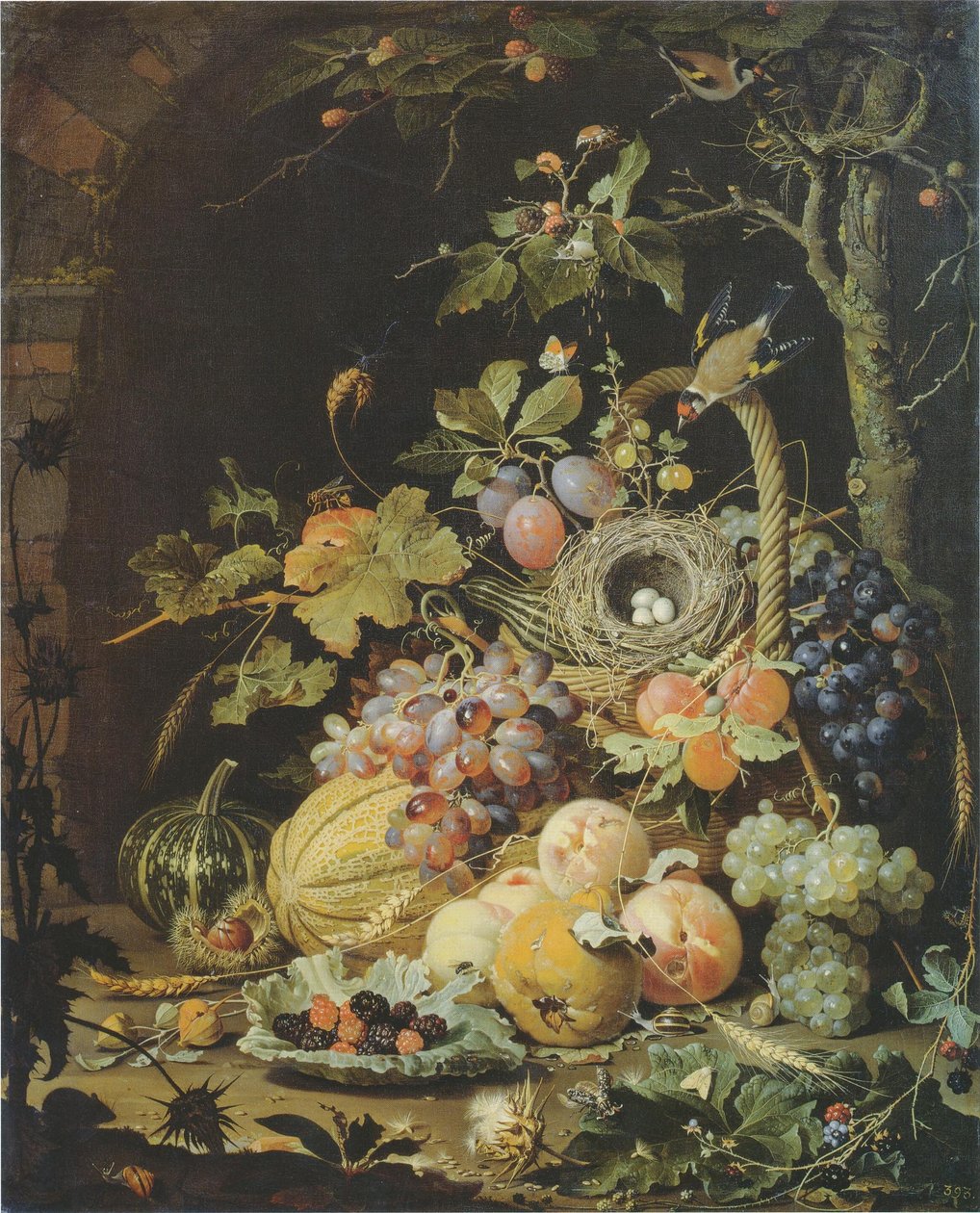 德语：Ein Vogelnest im Fruchtkorb 水果篮中的燕窝 作者 亚伯拉罕·米尼翁（Abraham Mignon）