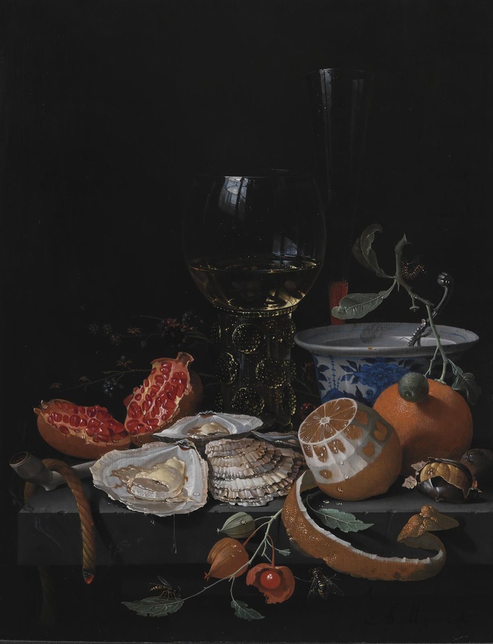 石桌上的牡蛎、水果和酒杯 作者 亚伯拉罕·米尼翁（Abraham Mignon）