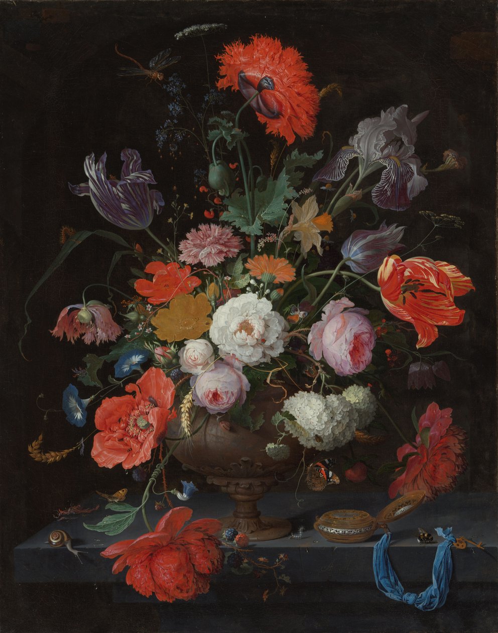 有花和手表的静物，约1660-79（布面油画） 作者 亚伯拉罕·米尼翁（Abraham Mignon）