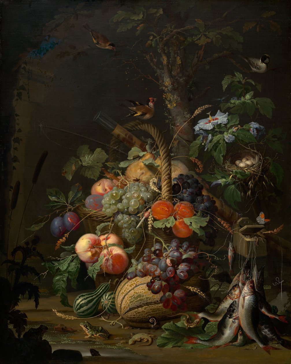水果、鱼和鸟巢的静物画 作者 亚伯拉罕·米尼翁（Abraham Mignon）