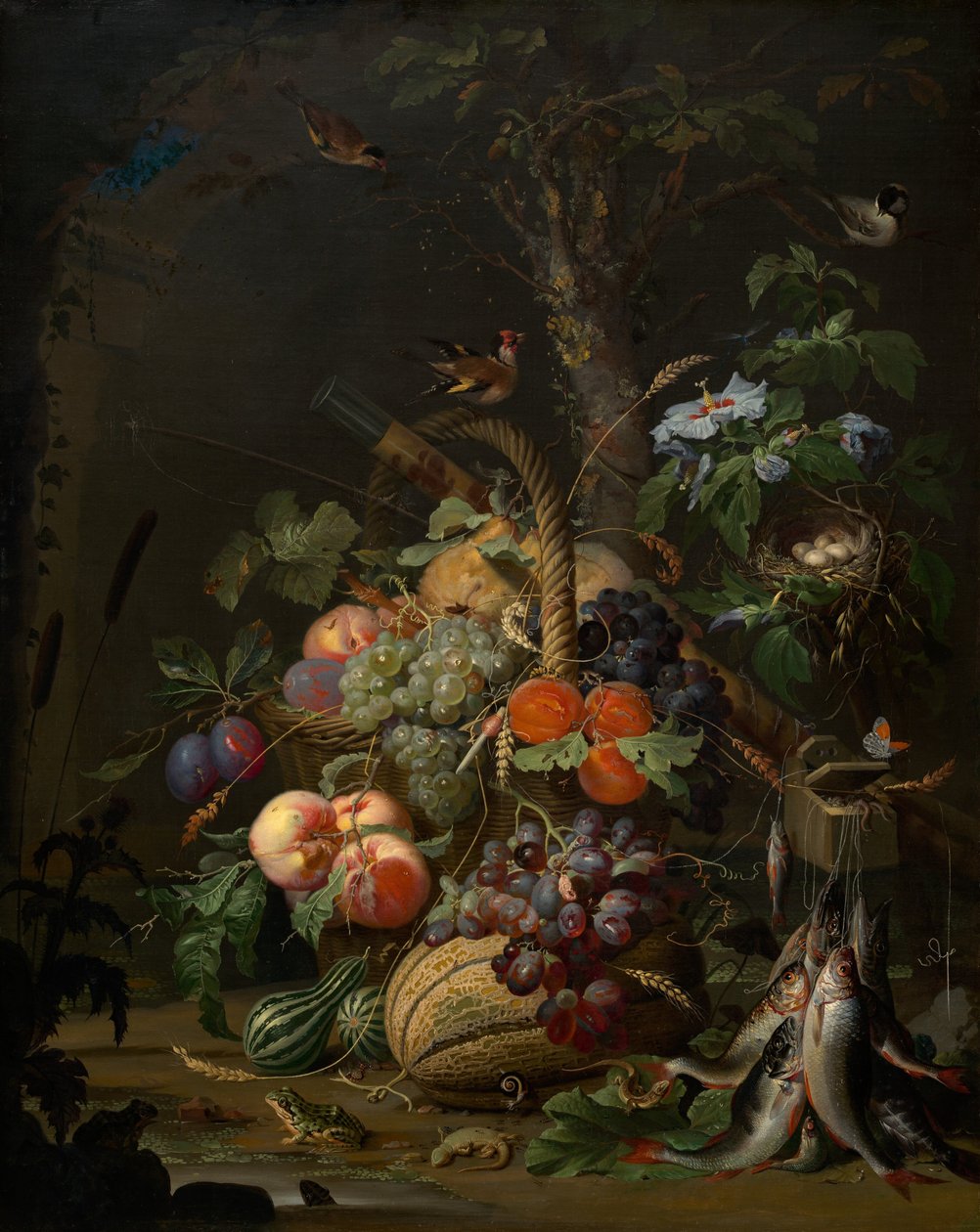 有水果、鱼和鸟巢的静物，约1675年。 作者 亚伯拉罕·米尼翁（Abraham Mignon）